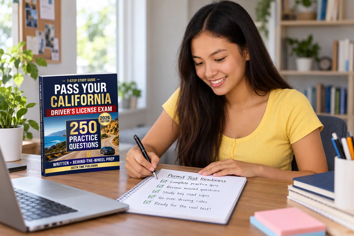 A teen checks off a California permit-test readiness list beside a driver-test study guide.