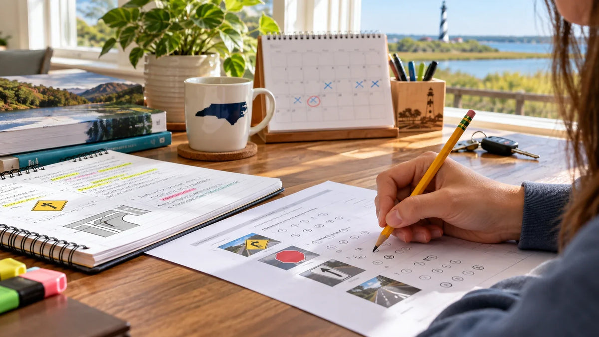 North Carolina written test retake preparation with study notes and calendar