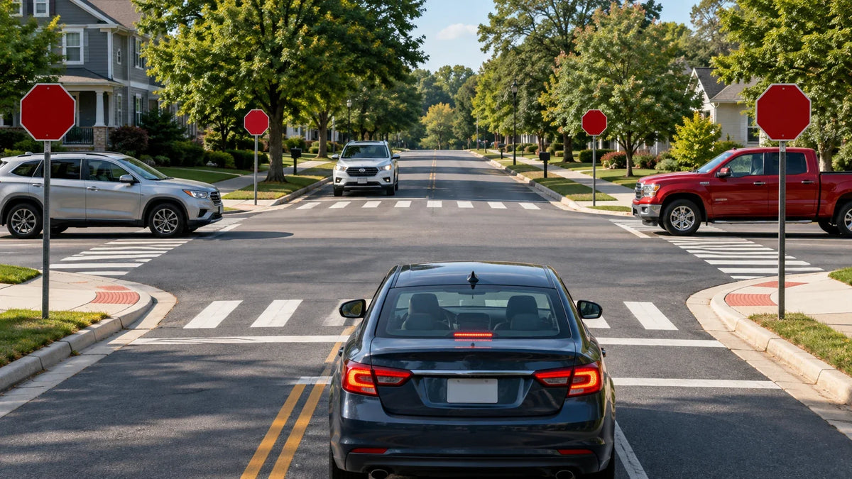 Four-way stop intersection and crosswalk for right-of-way scenarios