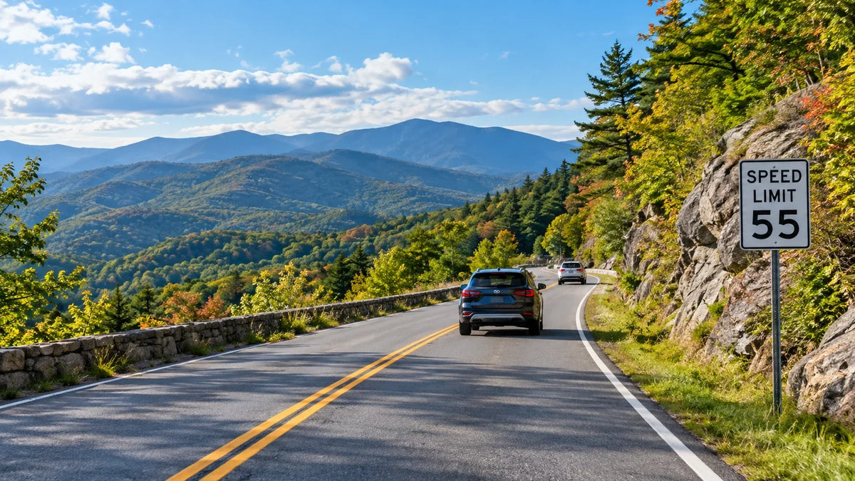 North Carolina winding mountain roadway and posted speed-limit sign