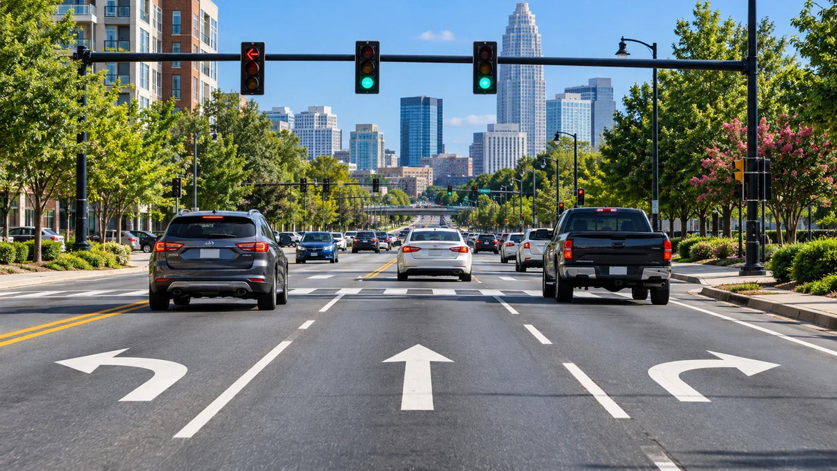 North Carolina urban intersection with traffic signals and lane markings
