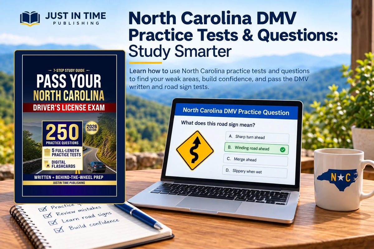 North Carolina DMV practice questions with the authentic 2026 Justin Time Publishing guide cover