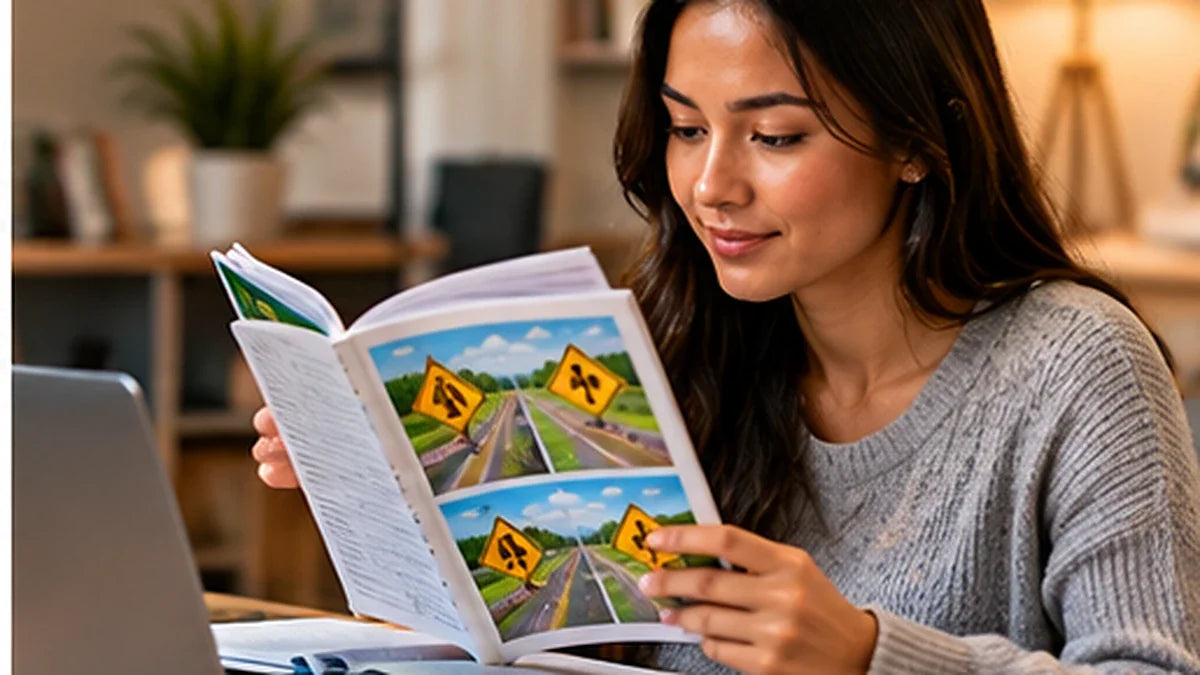 Adult studying driver handbook and road signs