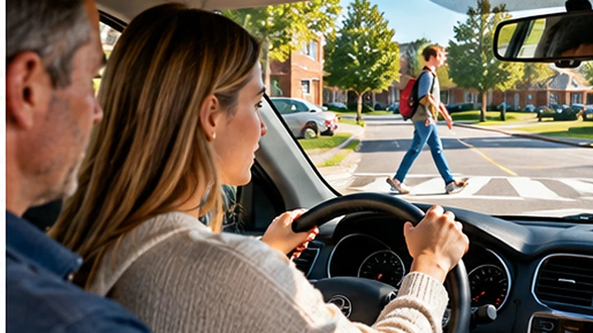 Learner driver checking pedestrians before proceeding at crosswalk