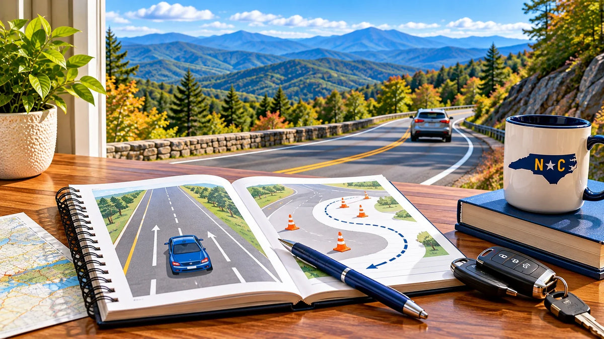 North Carolina behind-the-wheel practice scene with open driving skills notebook, car keys and Blue Ridge mountain road