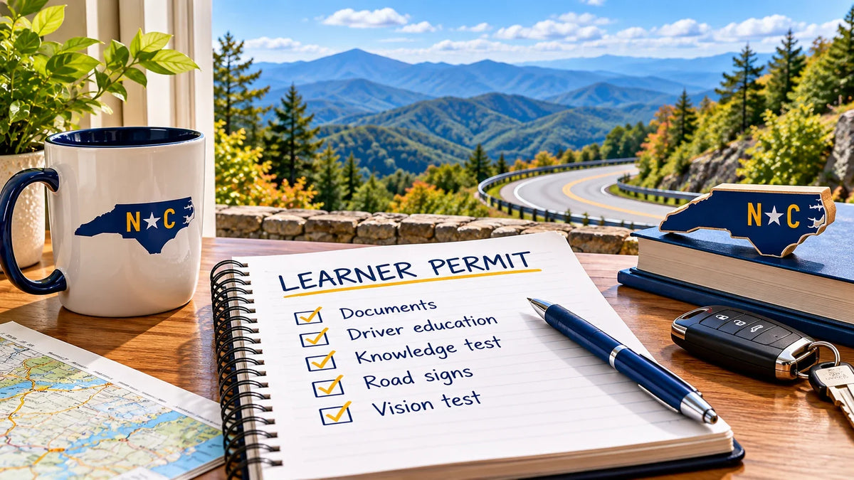 North Carolina learner permit study checklist with the Blue Ridge mountains, notebook and license preparation materials