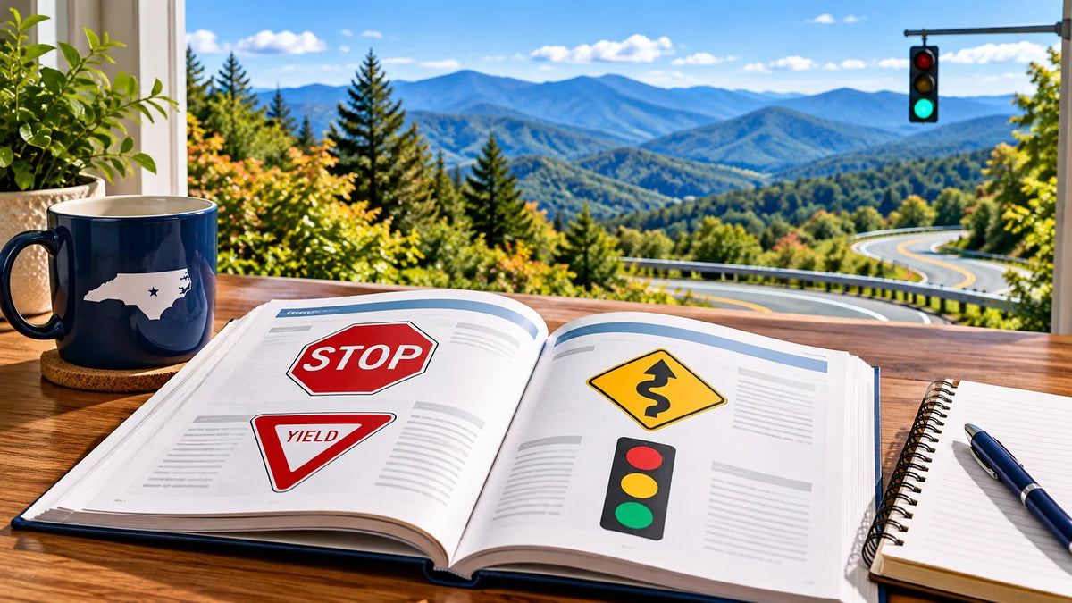 North Carolina driver handbook open to road signs and traffic signals with a Blue Ridge mountain road in the background