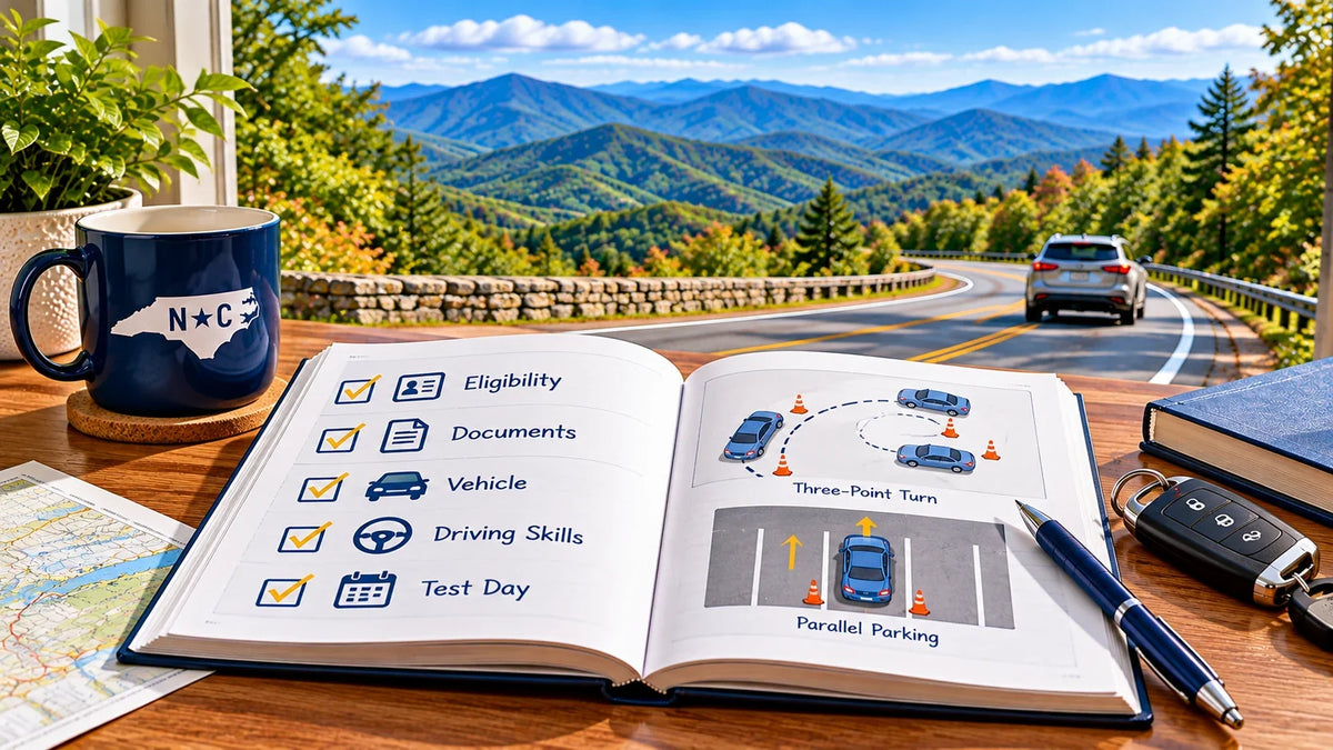 North Carolina DMV road-test checklist and driving maneuver diagrams overlooking Blue Ridge mountain road