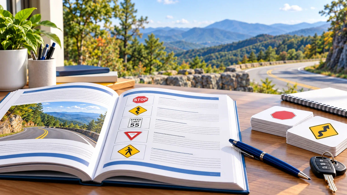 Open driver handbook with road signs, notebook, keys and North Carolina mountain road in the background