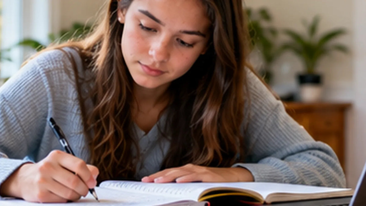 Young Ohio driver studying permit practice questions with notebook and laptop