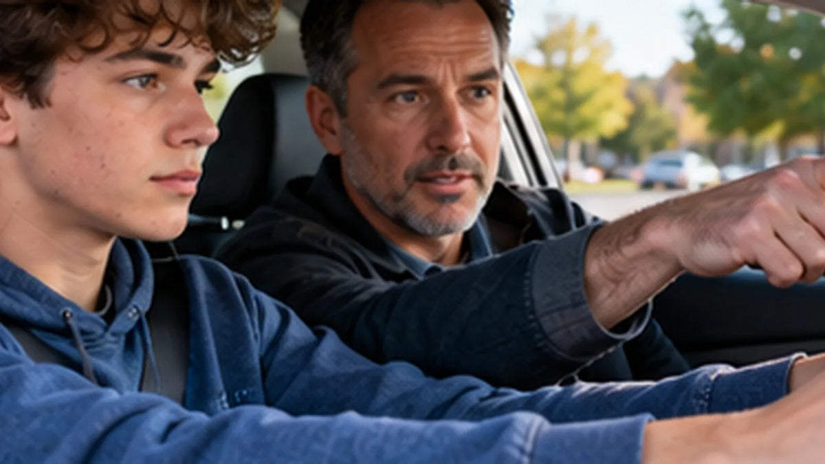 Student driver and instructor reviewing road driving in a car