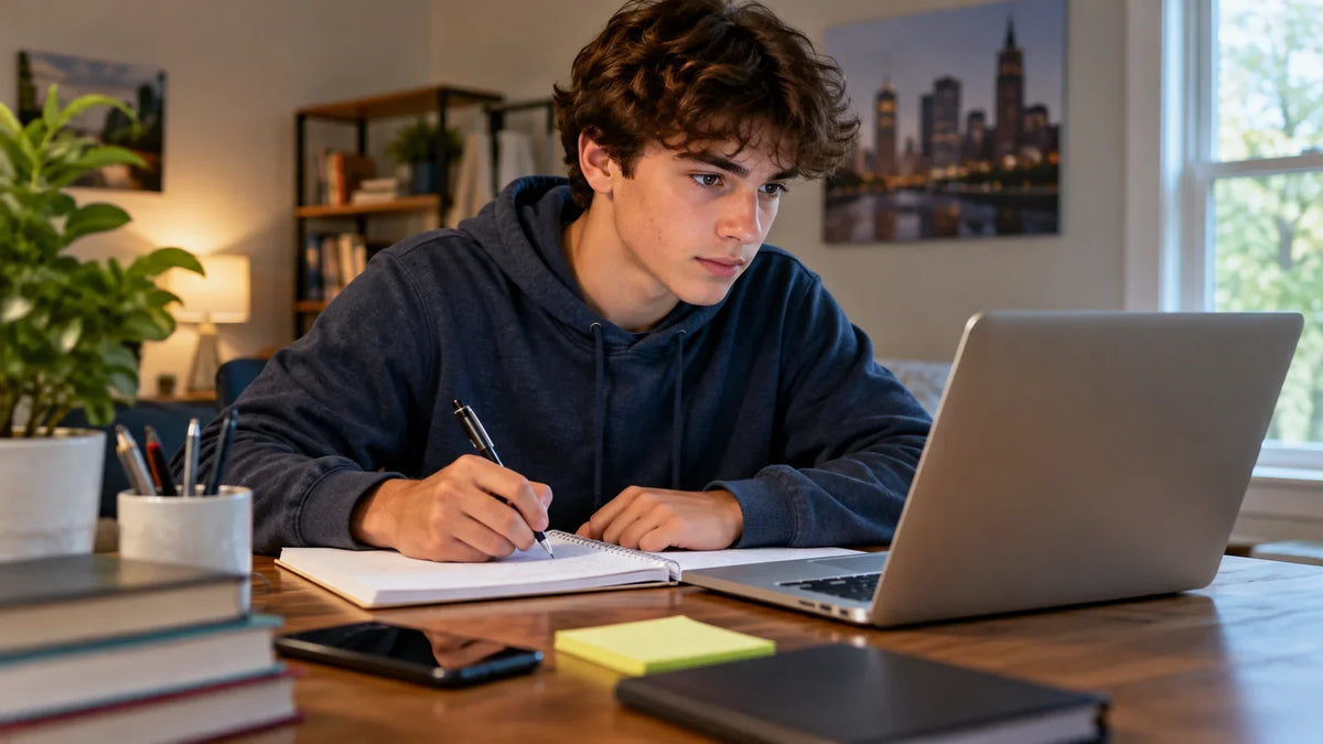 Young adult studying Ohio driving practice questions at a laptop