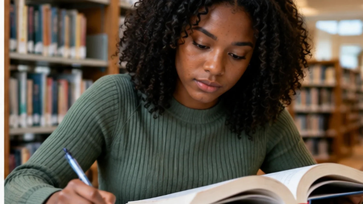Student using a reference manual and notebook to study Ohio driving laws