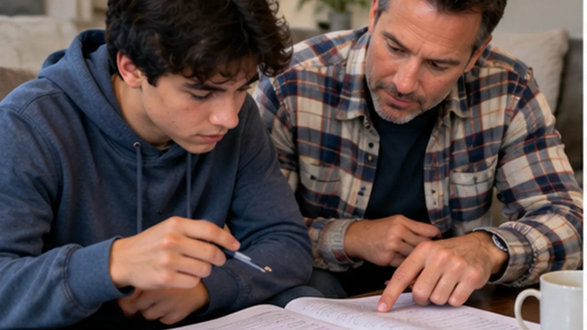 Parent helping a student review a driving-test study guide