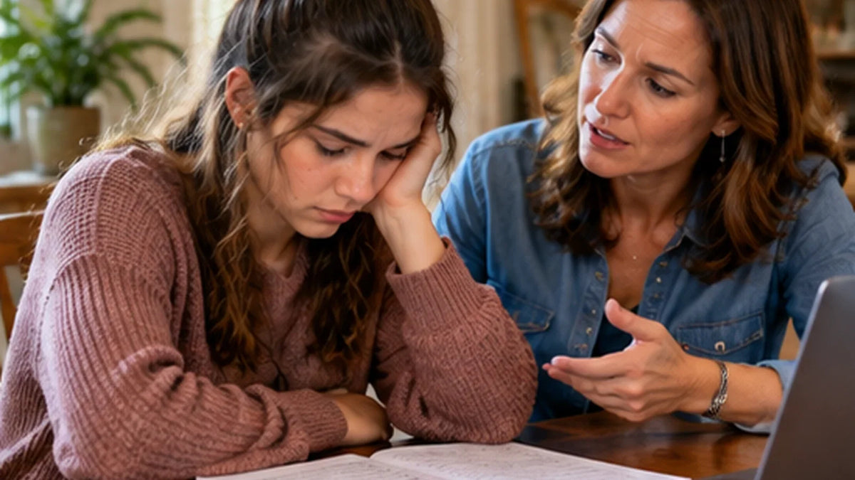 Parent supporting a teenager reviewing practice-test mistakes