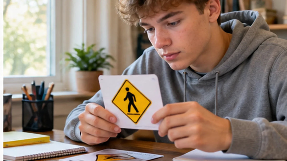 Young driver studying pedestrian crossing road-sign flashcards