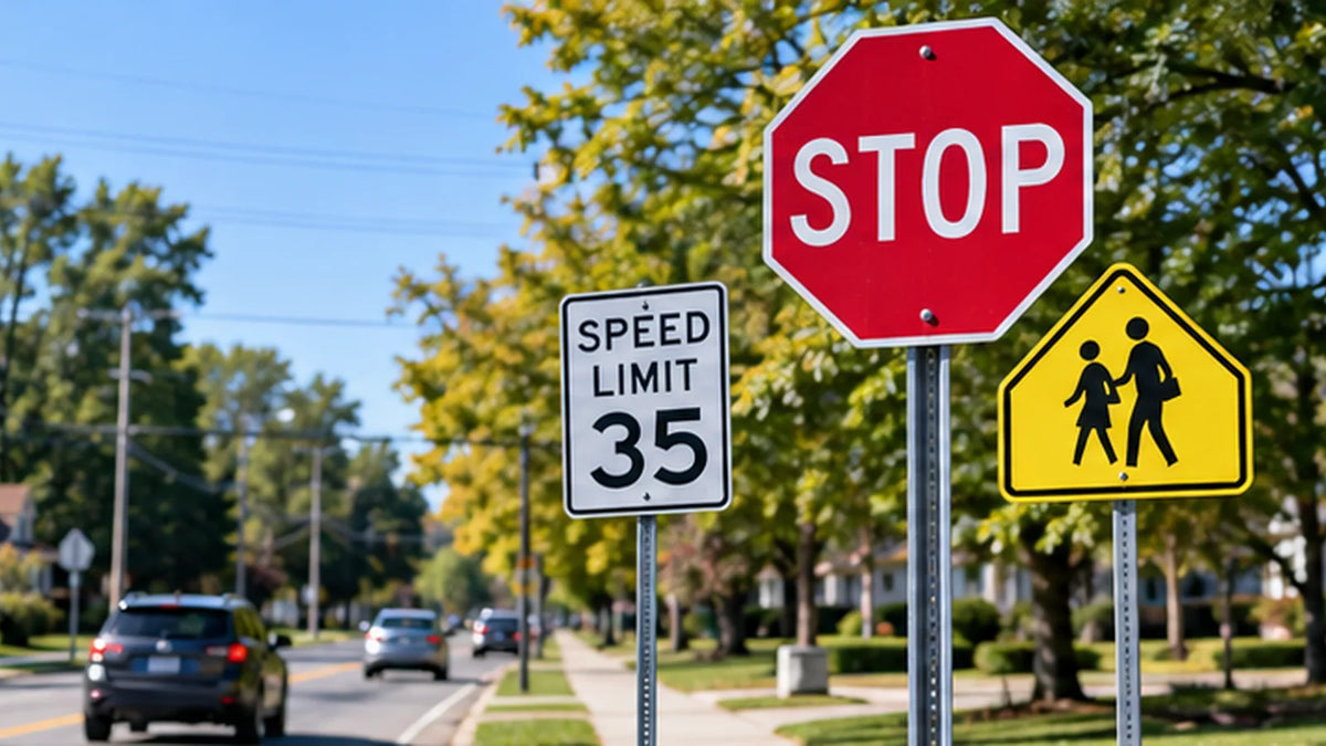 Ohio road signs at a suburban intersection showing STOP, school crossing, and speed limit signs