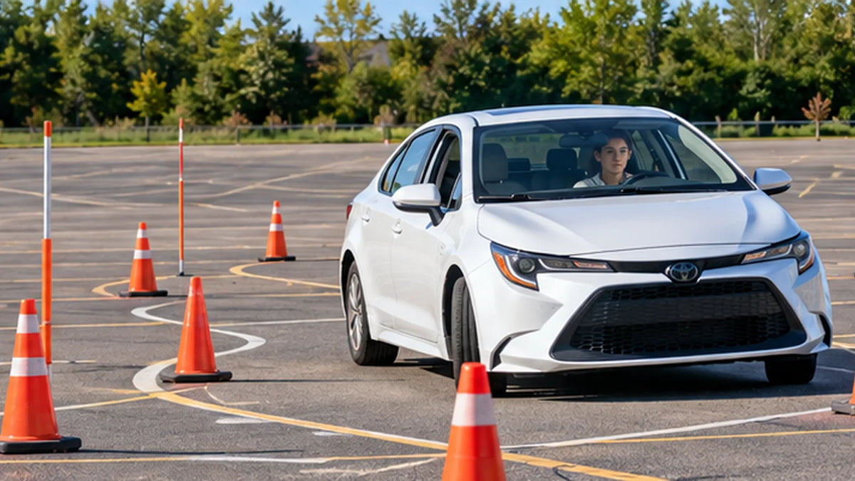 Car practicing Ohio-style maneuverability with cones and poles in an empty parking lot