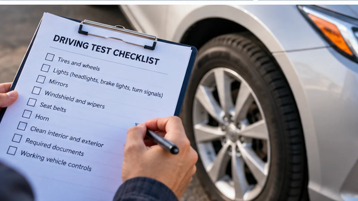 Driving test preparation checklist and vehicle safety inspection beside a car