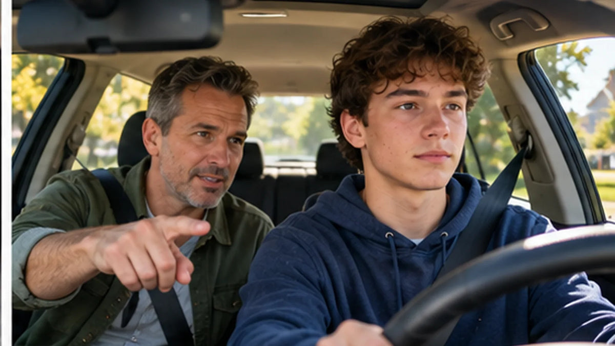 Teen learner driving with an adult supervisor during a daytime practice session