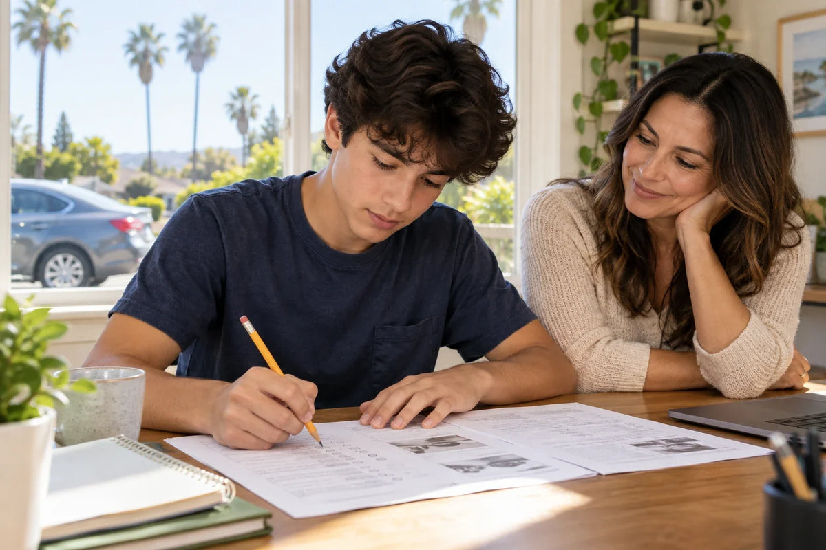Young adult learner completes California permit practice questions while a parent helps at home.