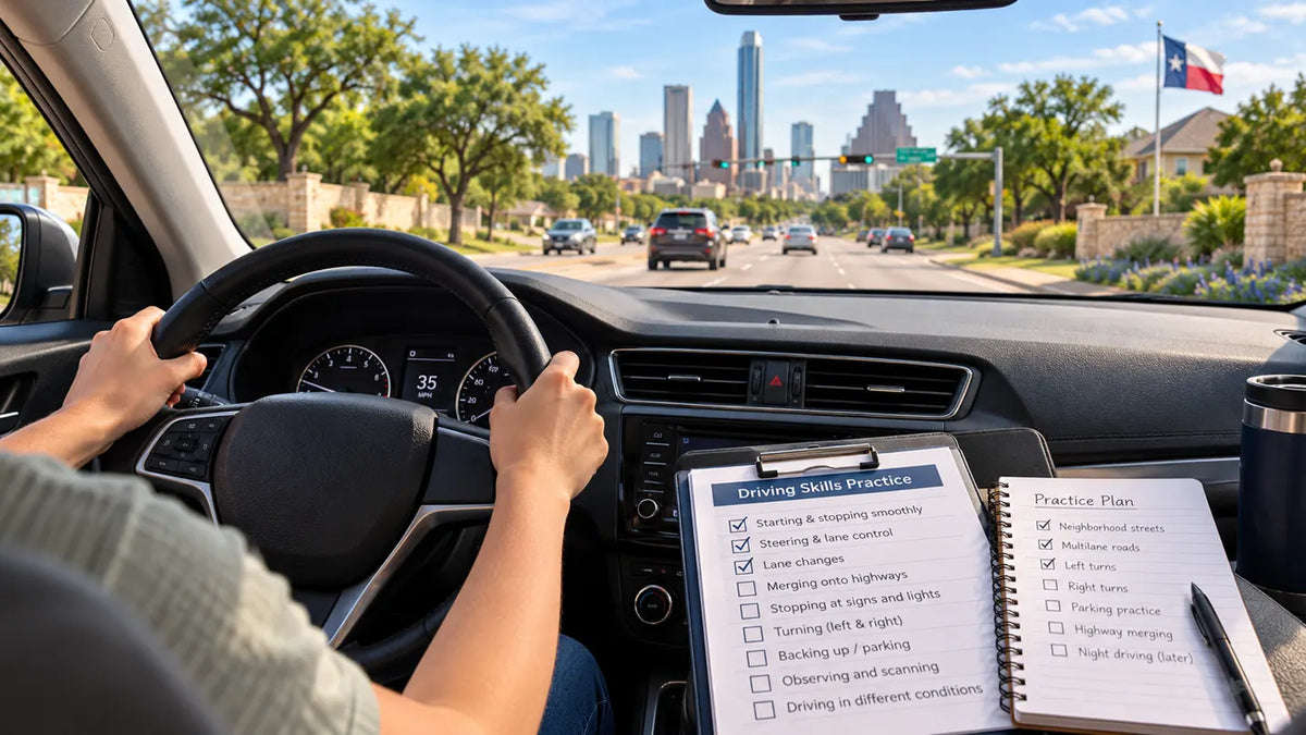 Student practicing driving skills on Texas roadway with supervised driving checklist