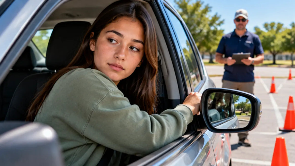 Student driver reviewing mirrors while practicing parking maneuver with cones