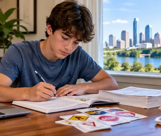 Teenager studying Texas knowledge test handbook and road-sign flashcards at a desk