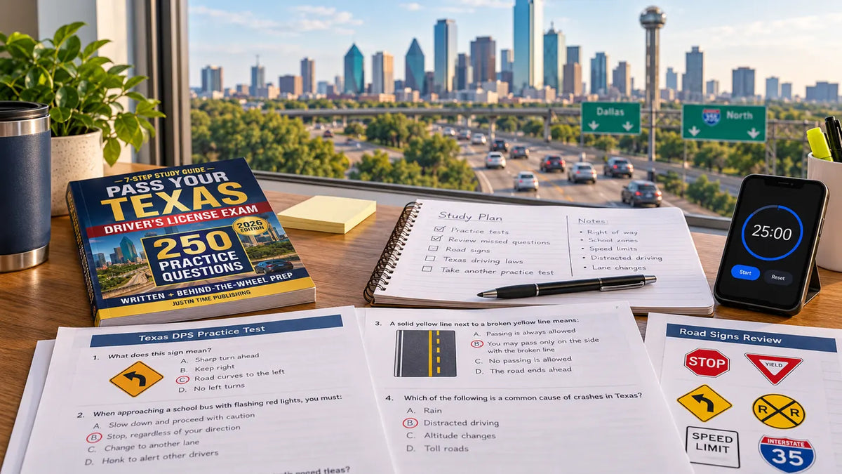 Texas driver knowledge test practice questions, road-sign review and study notes by a Dallas roadway
