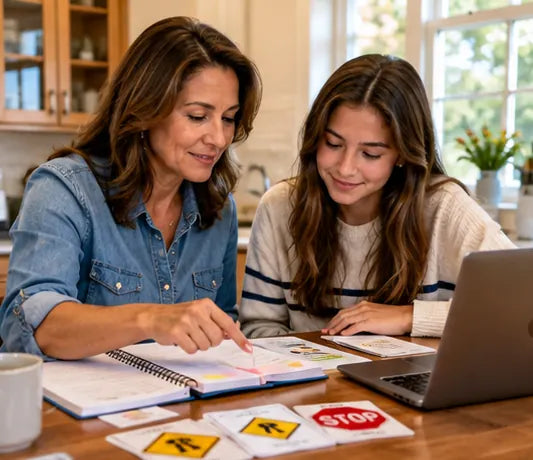 Mother helping teenage daughter review Texas driver knowledge test study notes