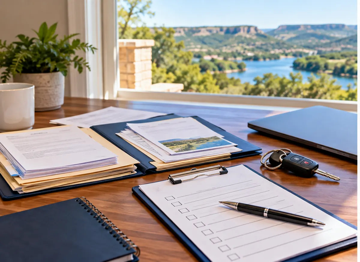 Texas driver license appointment checklist with organized folders paperwork and car keys on a table