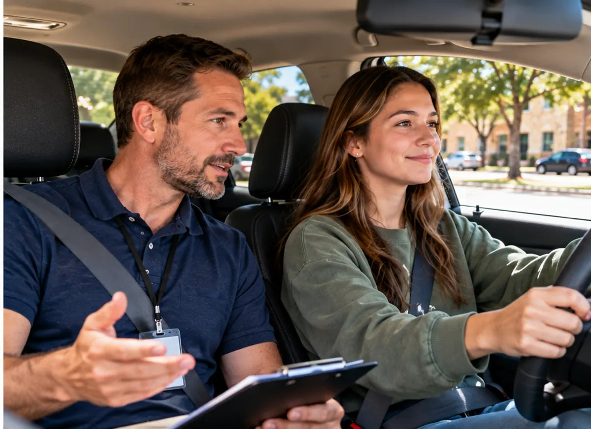 Adult beginner driver receiving supervised driving instruction in a car in Texas