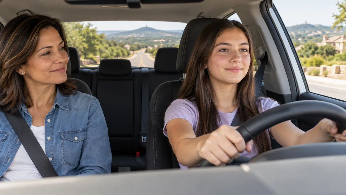 Teen practicing supervised driving with parent on a Texas Hill Country road