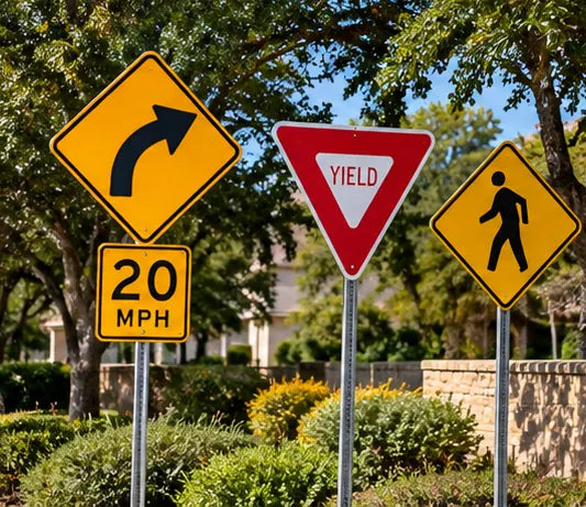 Texas road warning signs showing curve, yield and pedestrian crossing instructions