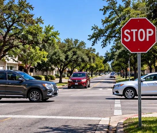 Texas residential four-way stop intersection with cars approaching and stop sign