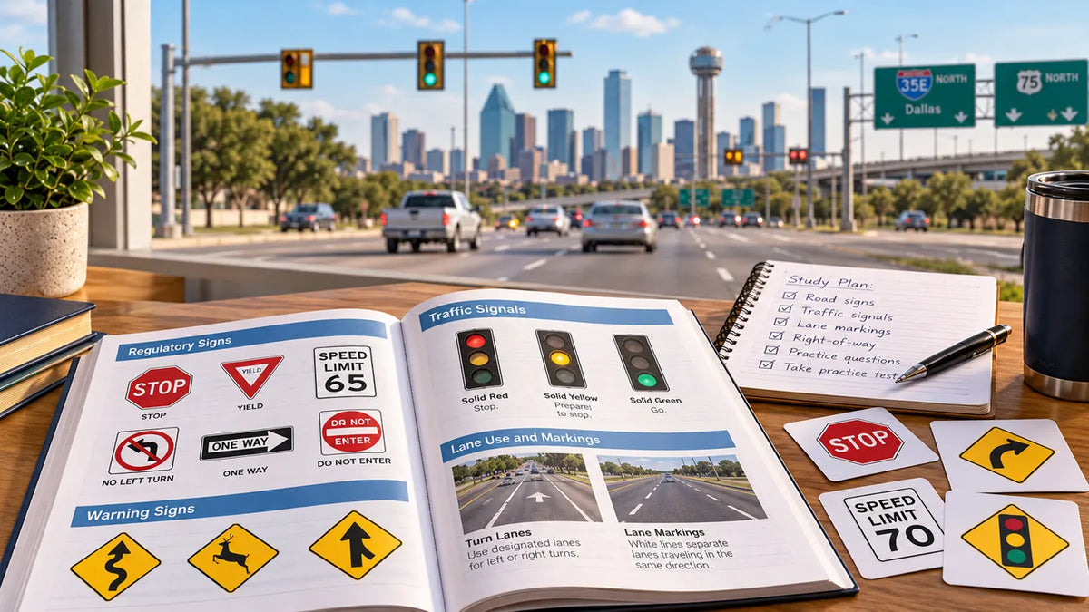 Texas road sign flashcards, traffic signal illustrations and driver handbook with Dallas road in background