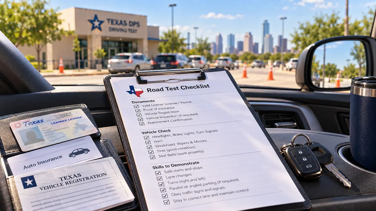 Texas driving road test checklist, vehicle documents and keys inside parked car
