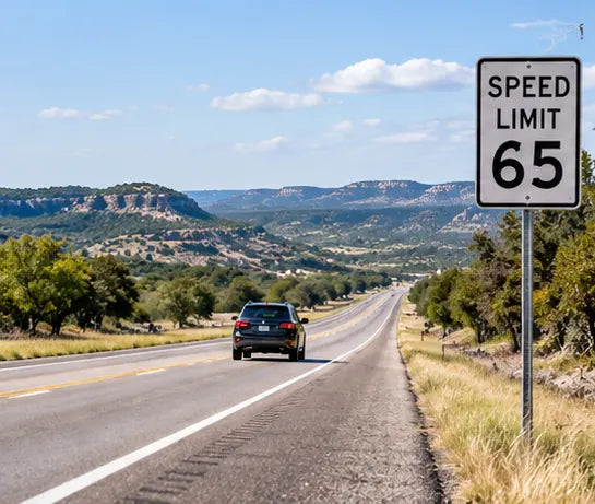 Texas Hill Country highway with speed limit sign and passing vehicle