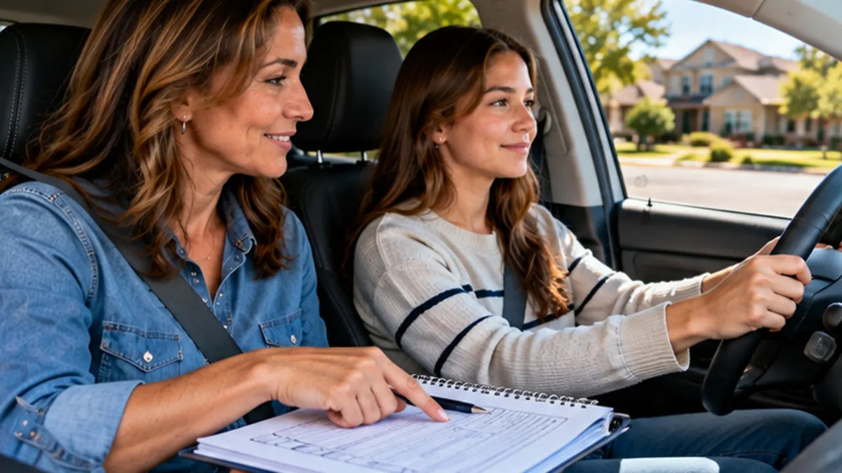 Parent supervising teen driving with practice log inside car