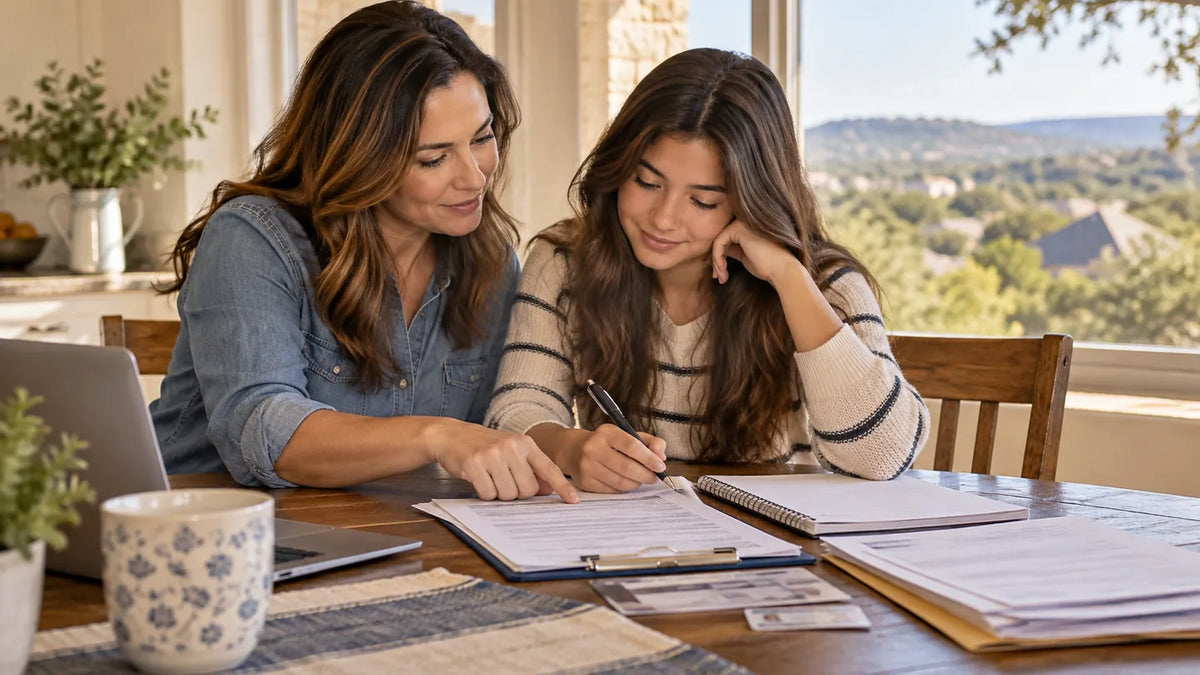 Mother helping teenage daughter review Texas learner license application documents