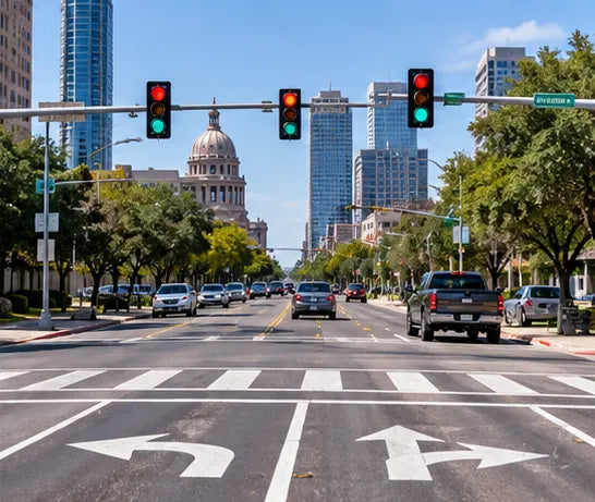 Texas urban intersection with traffic lights, lane arrows and pedestrian crosswalk markings