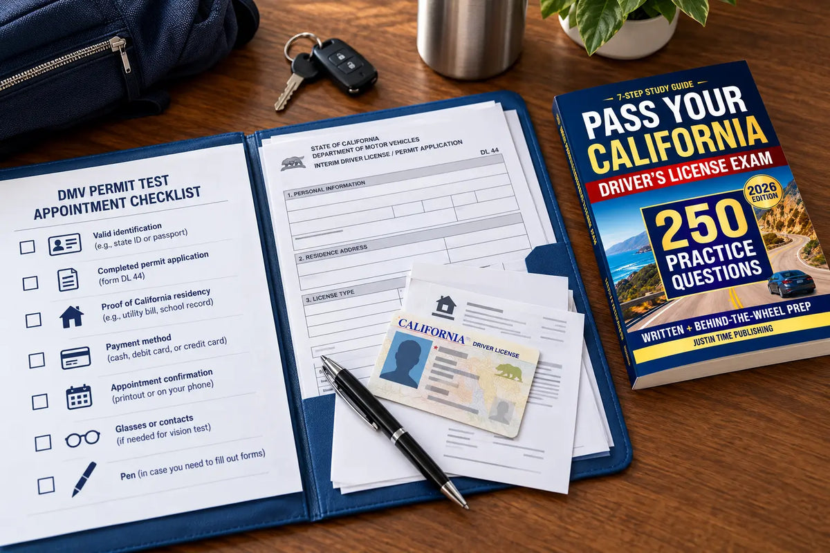 A California DMV permit-test checklist, application documents, and identification beside a study guide.