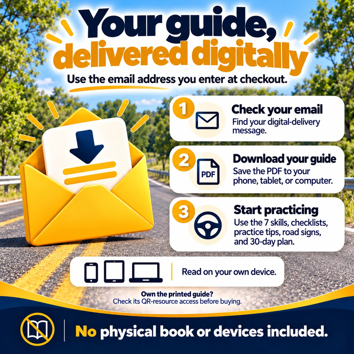 7 Skills Every Driver Must Master digital guide delivery: check email, download the PDF, and start behind-the-wheel practice on your device