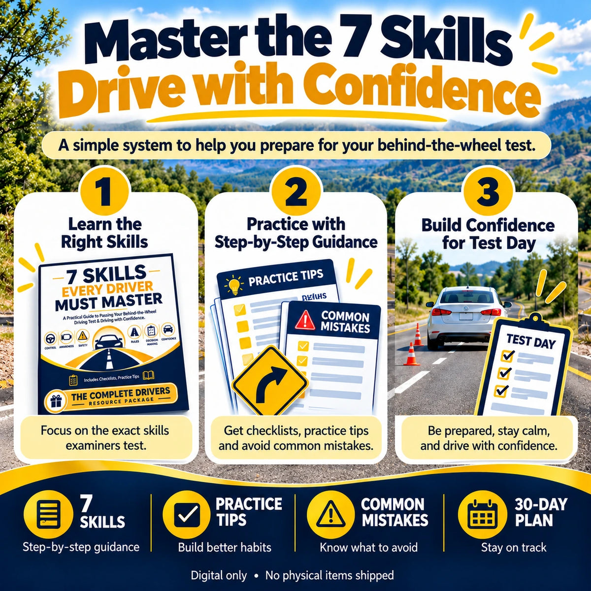 Master the 7 Skills Every Driver Must Master with step-by-step driving practice, checklists, common mistakes and road-test confidence