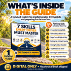 What's inside the 7 Skills Every Driver Must Master digital guide: seven driving skills, vehicle setup, parking, road signs, test-day checklist, common mistakes and 30-day practice plan