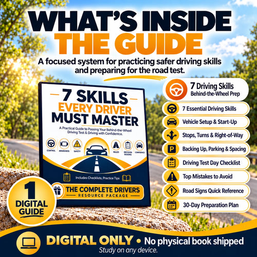 What's inside the 7 Skills Every Driver Must Master digital guide: seven driving skills, vehicle setup, parking, road signs, test-day checklist, common mistakes and 30-day practice plan