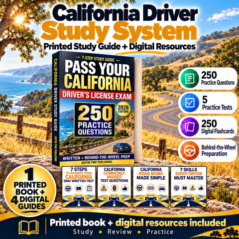 California Driver Study System with one printed study guide, four digital guides, 250 practice questions, five practice tests, 250 digital flashcards and behind-the-wheel preparation.