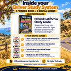 Inside the California Driver Study System: one printed study guide and four digital guides for written-test preparation, commonly missed questions, road signs and driving skills. Printed book shipped; digital resources emailed. Student Driver Logbook sold separately.