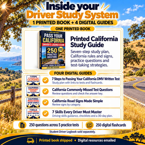 Inside the California Driver Study System: one printed study guide and four digital guides for written-test preparation, commonly missed questions, road signs and driving skills. Printed book shipped; digital resources emailed. Student Driver Logbook sold separately.