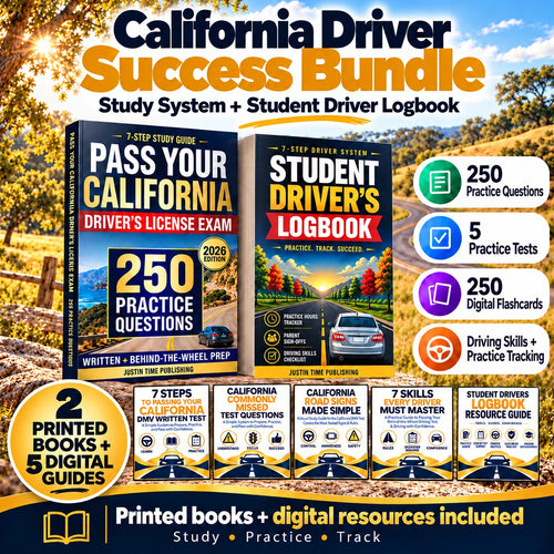 California Driver Success Bundle with printed California DMV study guide, Student Driver Logbook, five digital guides, 250 practice questions, five tests and 250 digital flashcards.